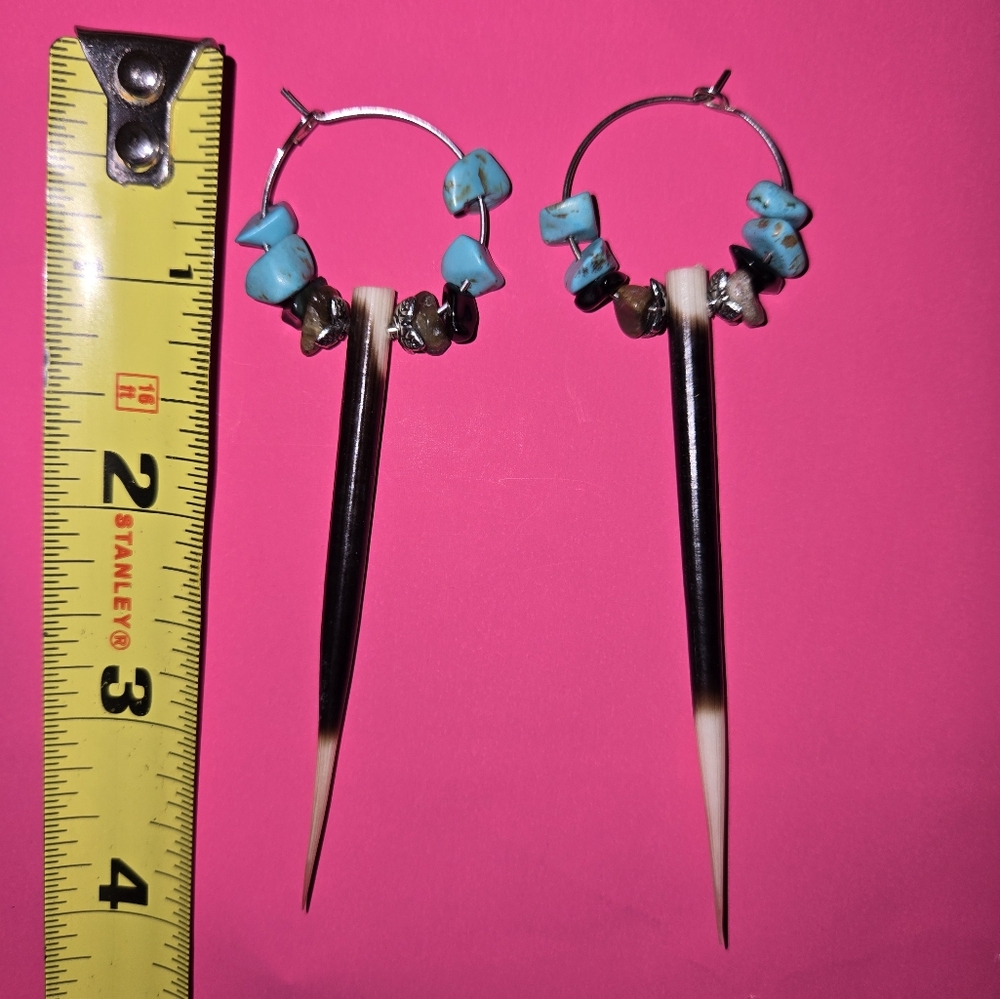 Porcupine Quill Silver and Turquoise Hoop Earrings - Picture 3 of 3